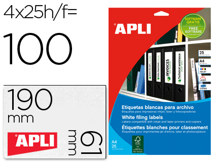 Etiqueta adhesiva apli 1233 tamaño 190x61 mm para fotocopiadora laser ink-jet caja 25 hojas con 100