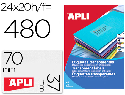 Etiqueta adhesiva apli 1224 transparentes tamaño 70x37 mm para fotocopiadora laser caja 20 hojas con 480 etiquetas