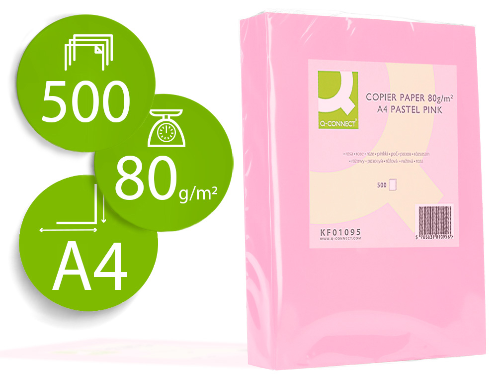 Papel color q-connect din a4 80 gr rosa paquete de 500 hojas