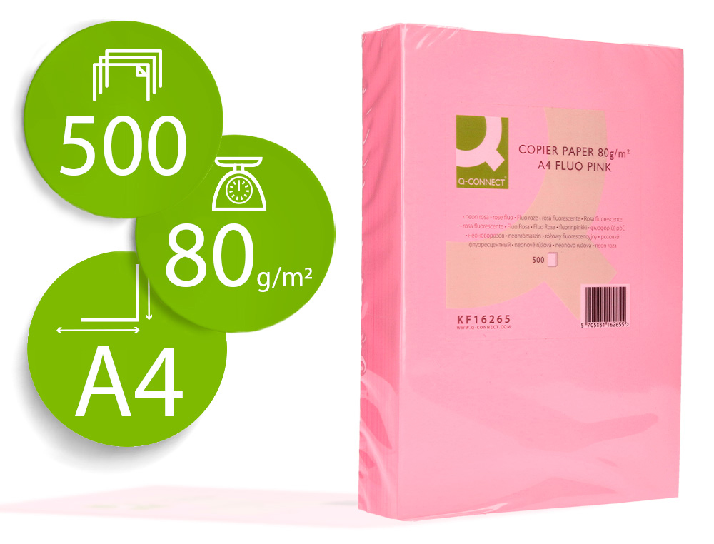 Papel color q-connect din a4 80gr rosa neon paquete de 500 hojas