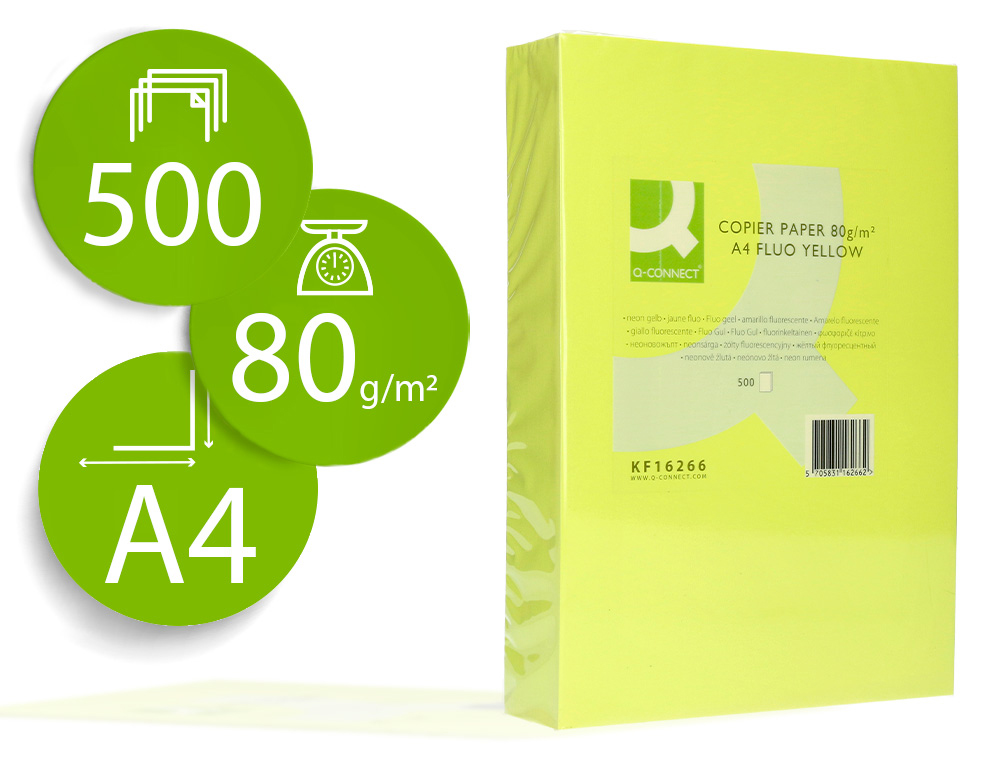 Papel color q-connect din a4 80gr amarillo neon paquete de 500 hojas