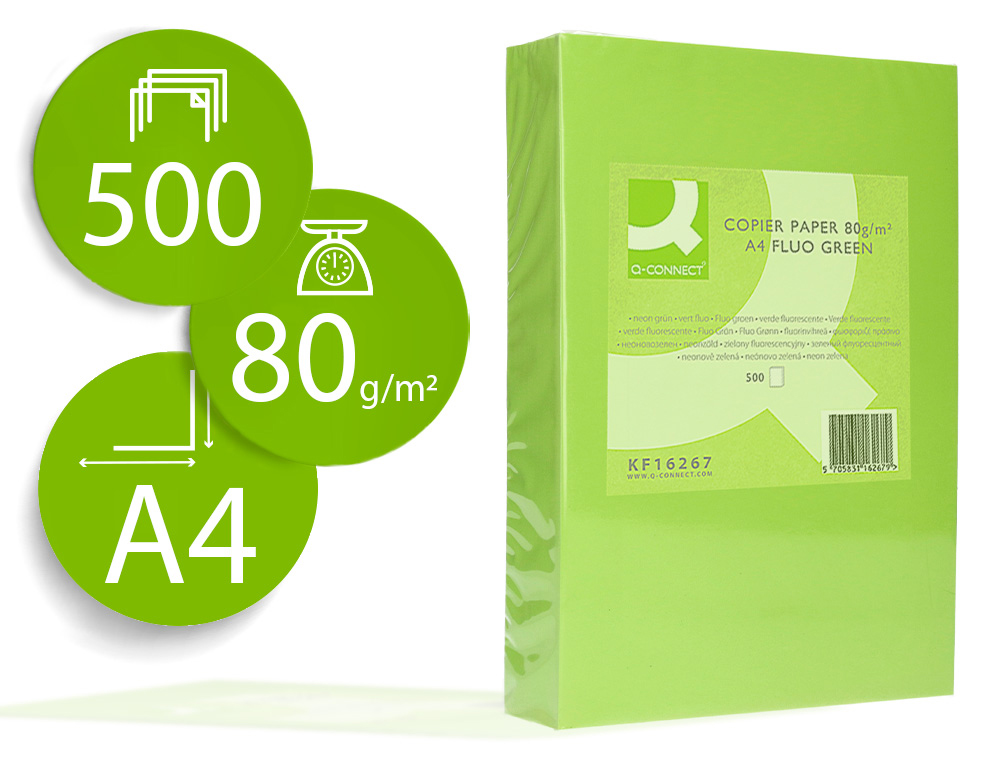 Papel color q-connect din a4 80gr verde neon paquete de 500 hojas