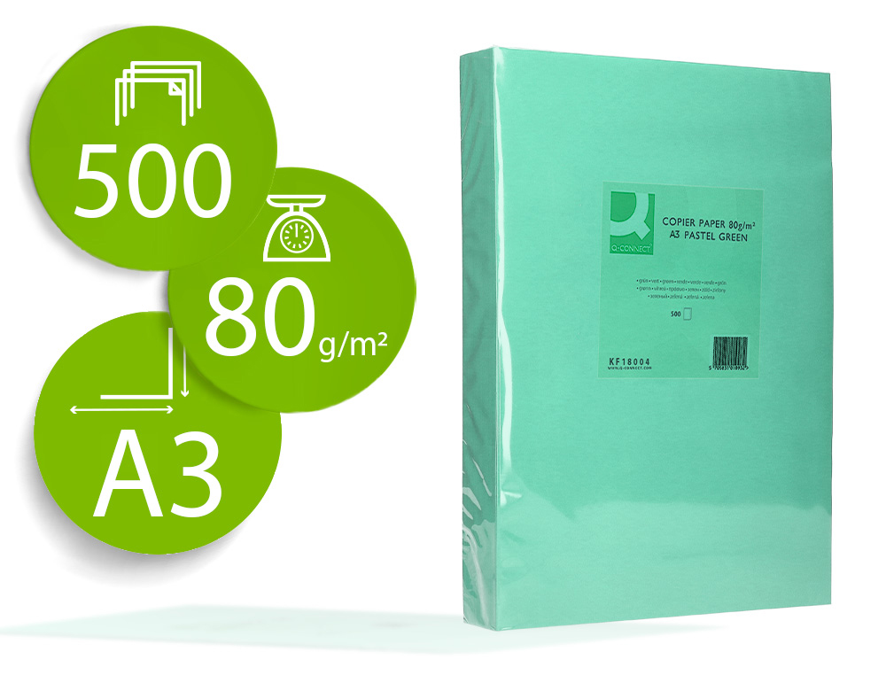 Papel color q-connect din a3 80gr verde paquete de 500 hojas