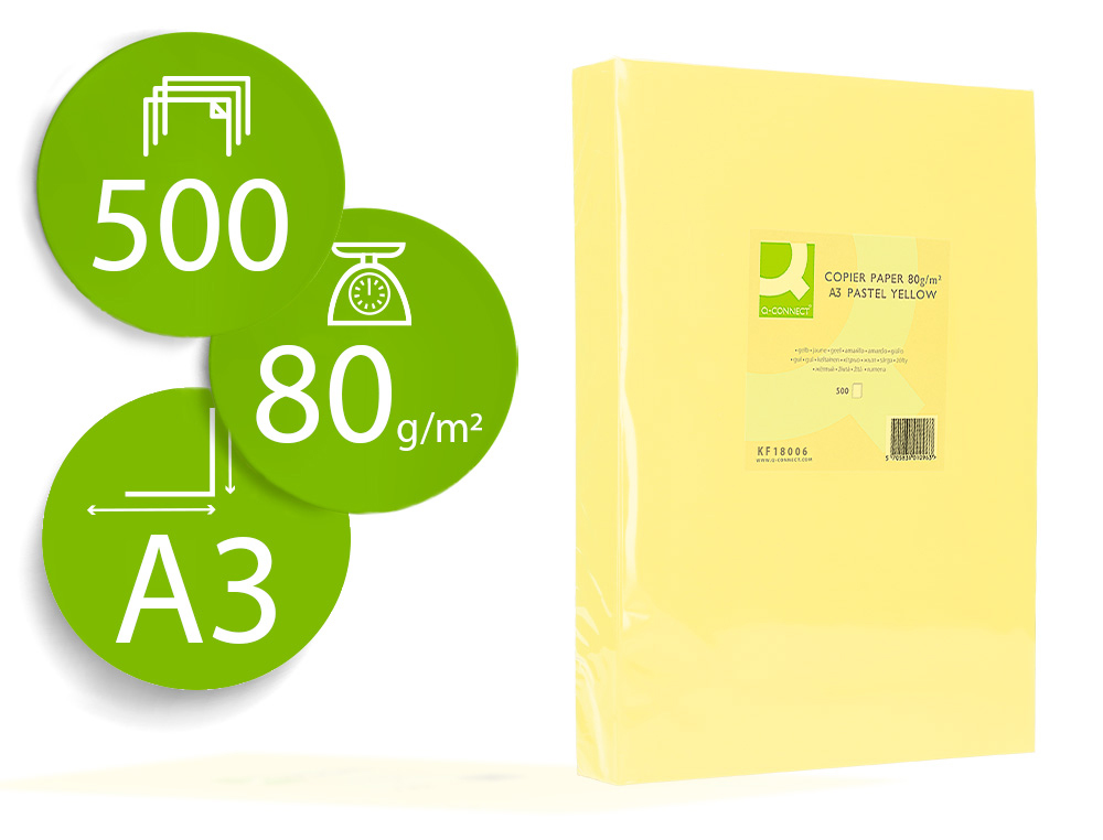 Papel color q-connect din a3 80gr amarillo paquete de 500 hojas