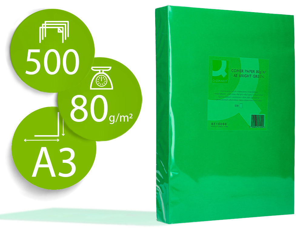 Papel color q-connect din a3 80gr verde intenso paquete de 500 hojas