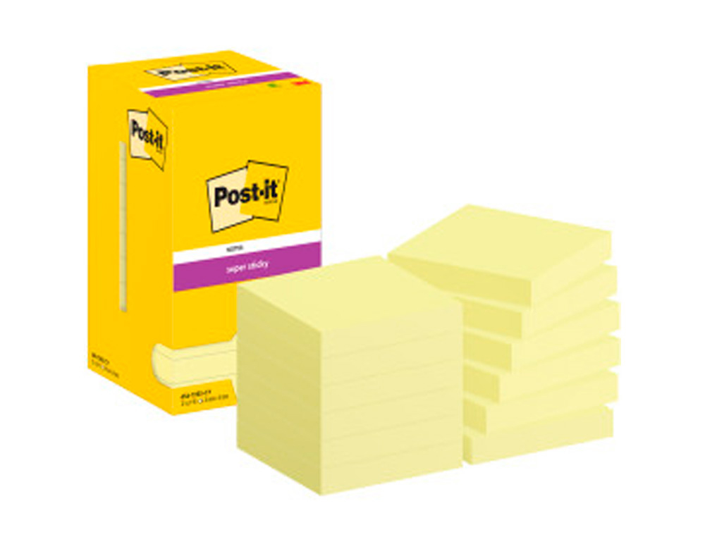 Bloc de notas adhesivas quita y pon post-it super sticky 76x76 mm con 12 bloc amarillo canario