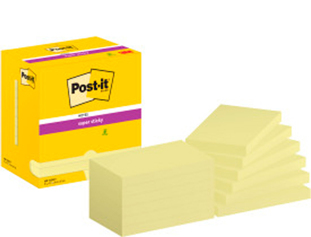 Bloc de notas adhesivas quita y pon post-it super sticky 76x127 mm con 12 bloc amarillo canario