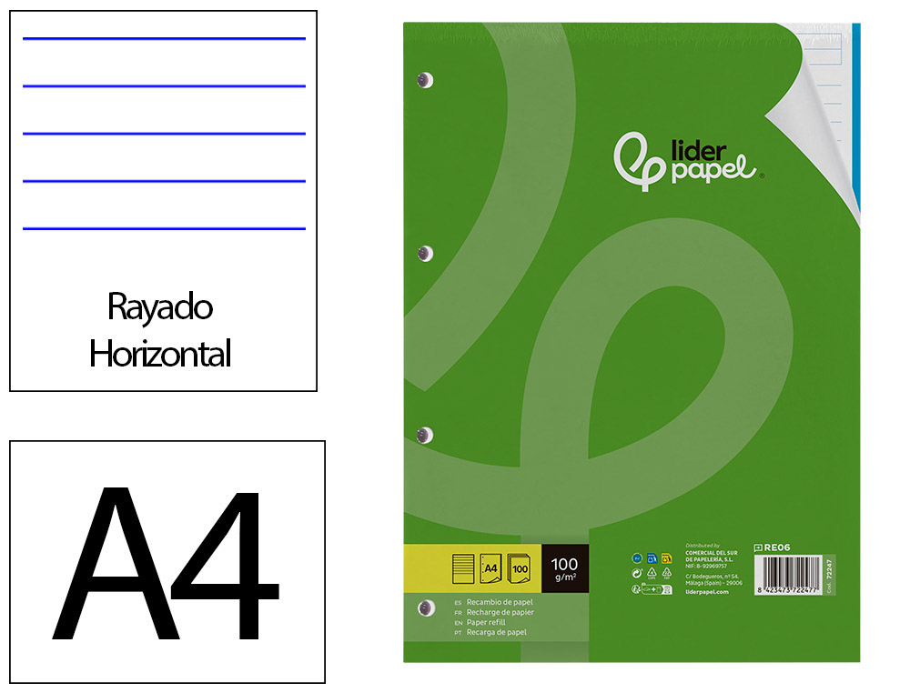 Recambio liderpapel a4 100 hojas 100 g/m2 rayado horizontal 4 taladros bandas de 5 colores