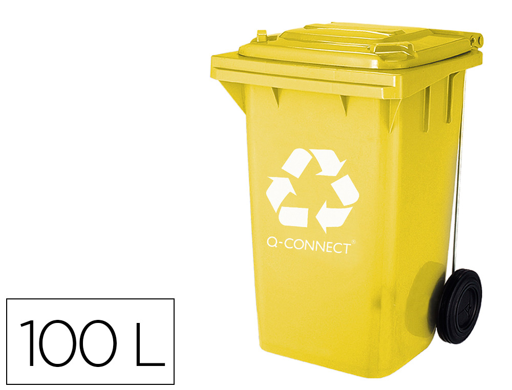 Papelera contenedor q-connect plastico amarillo para plasticos y envases metalicos 100l con tapa y ruedas 750x470x370 mm
