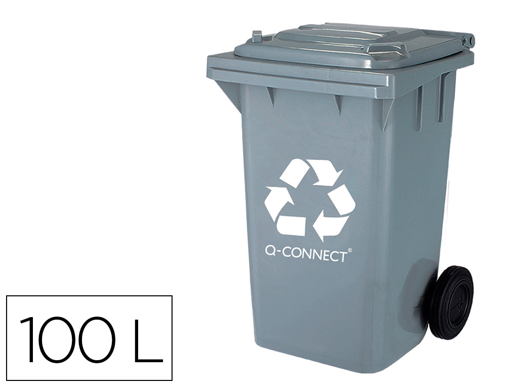 Papelera contenedor q-connect plastico gris para desechos en general 100 l con tapa y ruedas 750x470x370 mm