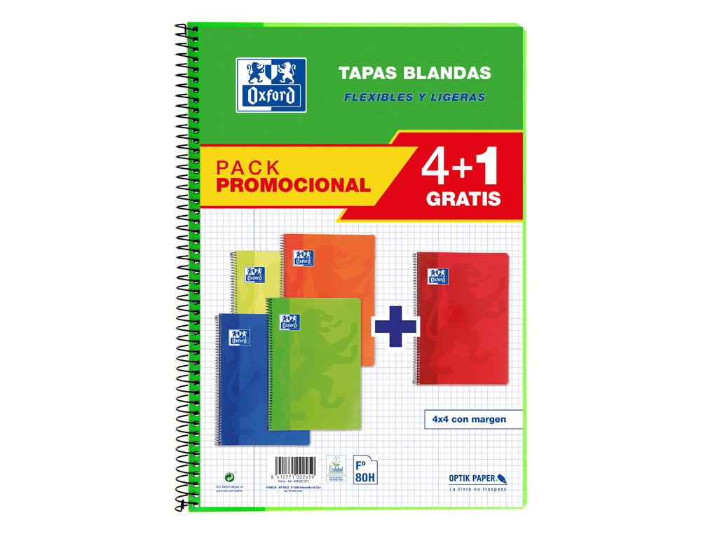 Bloc espiral oxford tapa blanda folio 80 hojas 90gr cuadro 4 mm colores vivos pack de 4+1