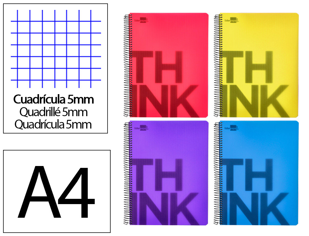Cuaderno espiral liderpapel a4 micro think tapa plastico 140h 80 gr cuadro 5mm 5 bandas 4 taladros 4
