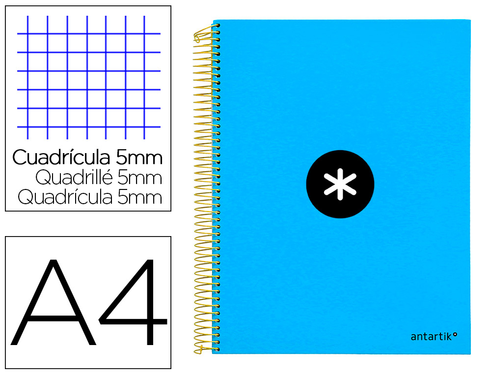 Cuaderno espiral a4 micro antartik tapa forrada 120h 90 gr cuadro 5mm 5 bandas 4 taladros color azul