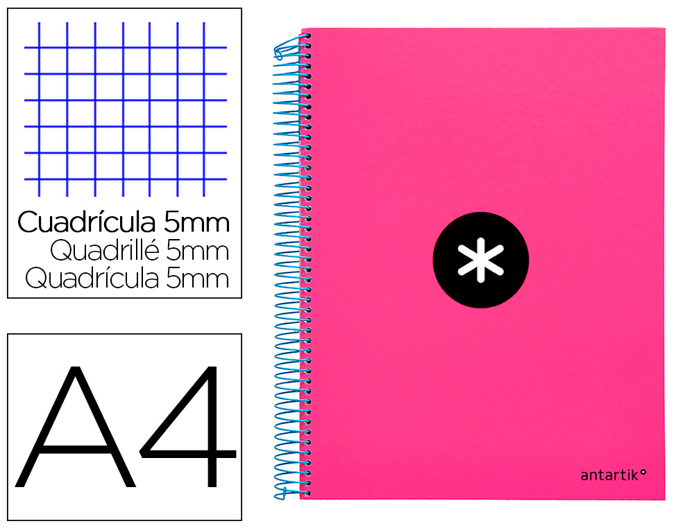 Cuaderno espiral a4 micro antartik tapa forrada 120h 90 gr cuadro 5mm 5 bandas 4 taladros color rosa