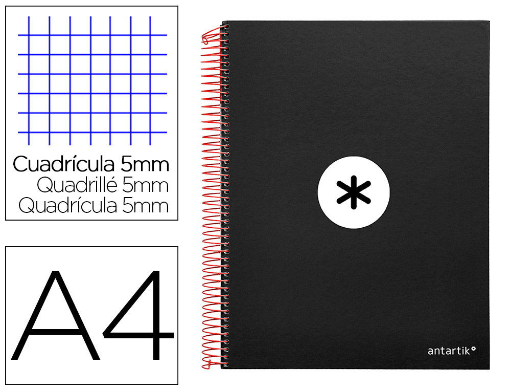 Cuaderno espiral a4 micro antartik tapa forrada 120h 90 gr cuadro 5mm 5 bandas 4 taladros color negro