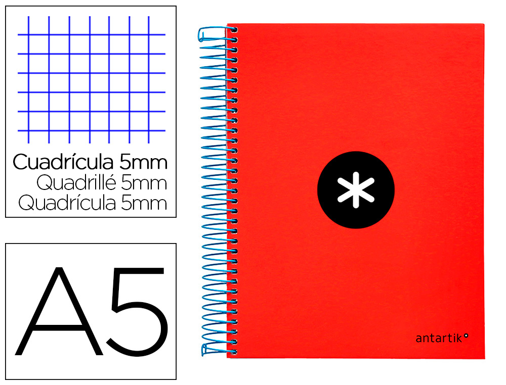 Cuaderno espiral a5 micro antartik tapa forrada120h 90 gr cuadro 5mm 5 bandas6 taladros color rojo