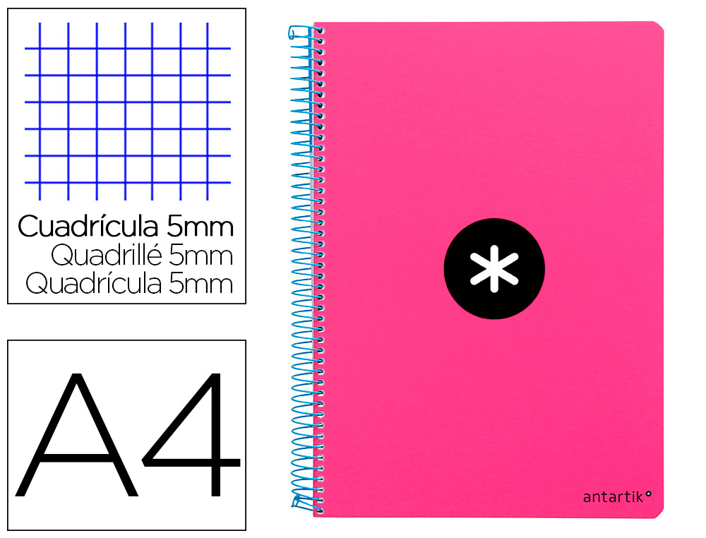 Cuaderno espiral antartik a4 micro tapa dura 80h 100 gr cuadro 5mm sin bandas 4 taladros color rosa fluor