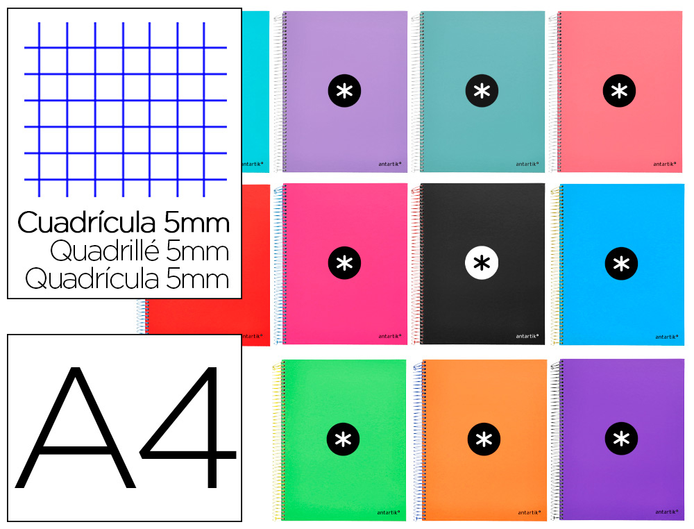 Cuaderno espiral a4 micro antartik tapa forrada 120h 90 gr cuadro 5mm 5 bandas 4 taladros colores surtidos