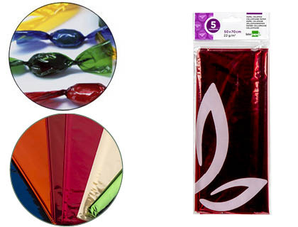 Papel celofan liderpapel 50x70 cm 22g/m2 bolsa de 5 hojas rojo