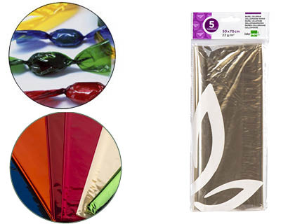 Papel celofan liderpapel 50x70 cm 22g/m2 bolsa de 5 hojas transparente