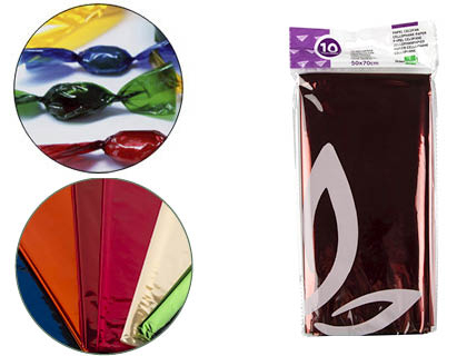 Papel celofan liderpapel 50x70 cm 22g/m2 bolsa de 10 hojas colores surtidos