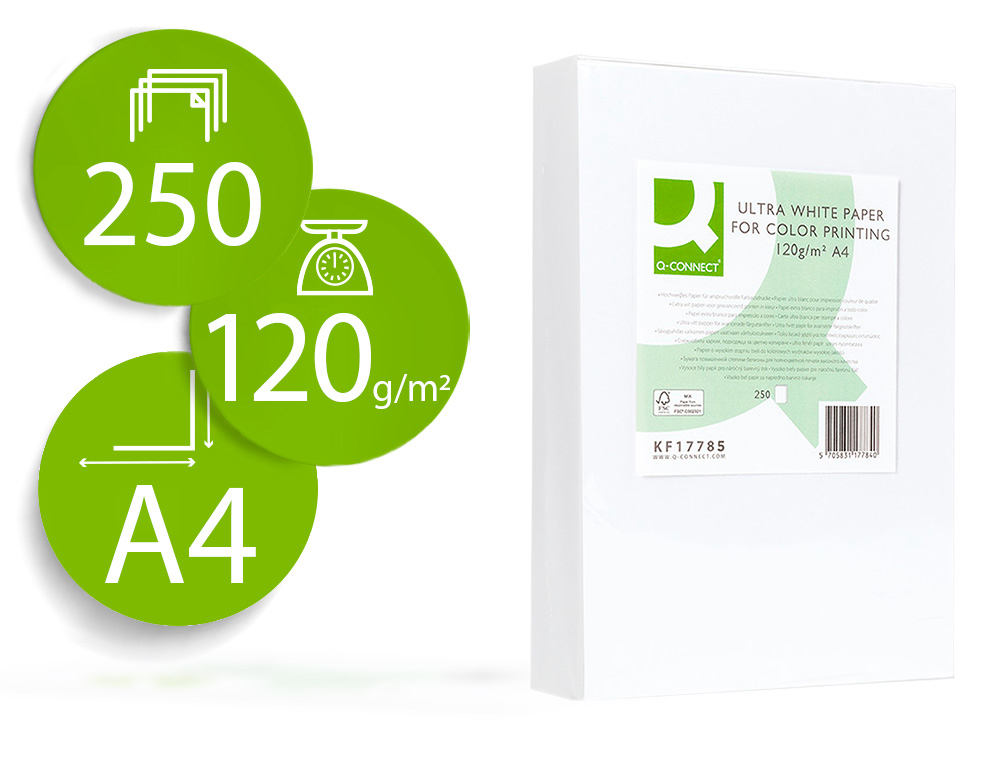 Papel fotocopiadora q-connect ultra white din a4 120 gramos paquete de 250 hojas