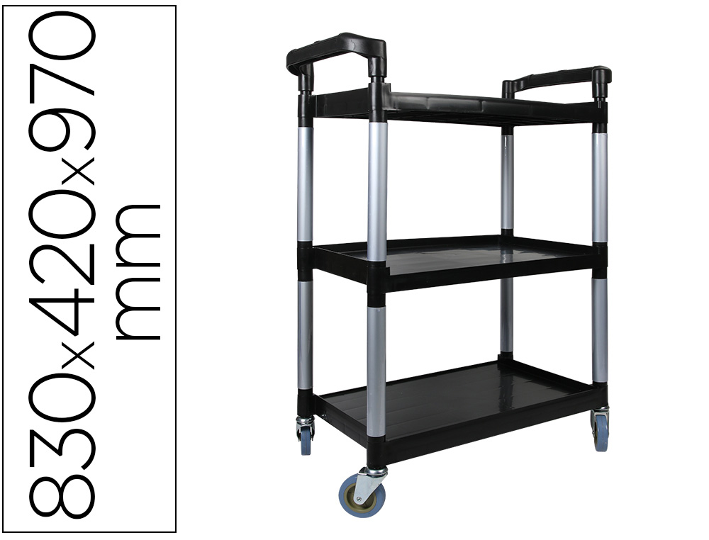 Carro de servicio multifuncional q-connect 3 estantes de polipropileno 830x420x970 mm