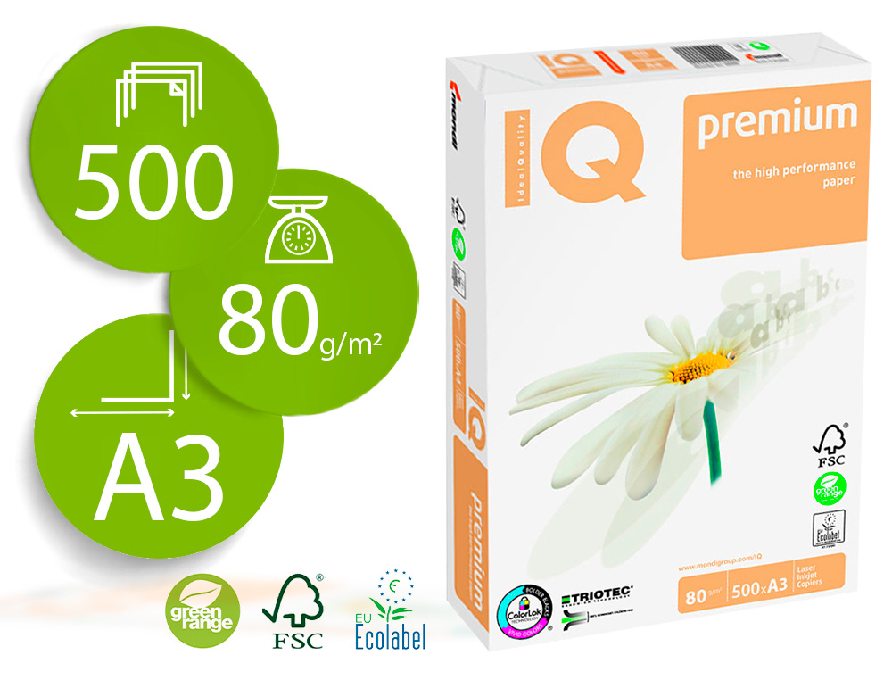Papel fotocopiadora iq premium din a3 80 gramos paquete de 500 hojas