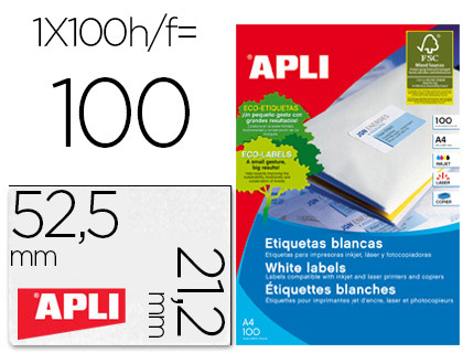 Etiqueta adhesiva apli 1284 tamaño 52,5 x 21,2 mm para fotocopiadora laser ink-jet caja con 100 hojas din a4