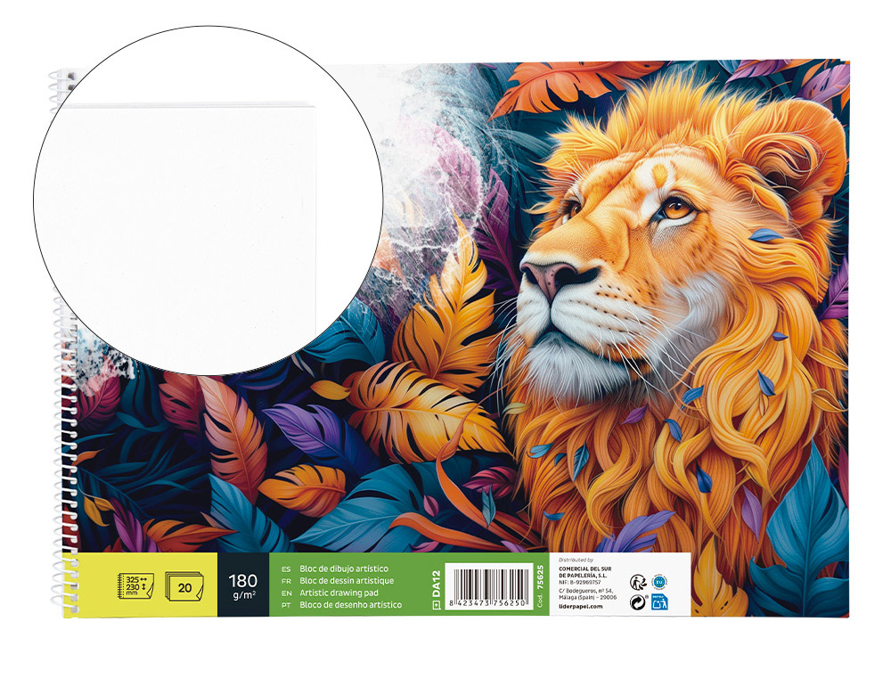 Bloc dibujo liderpapel artistico espiral 230x325mm 20 hojas 180g/m2 sin recuadro perforado
