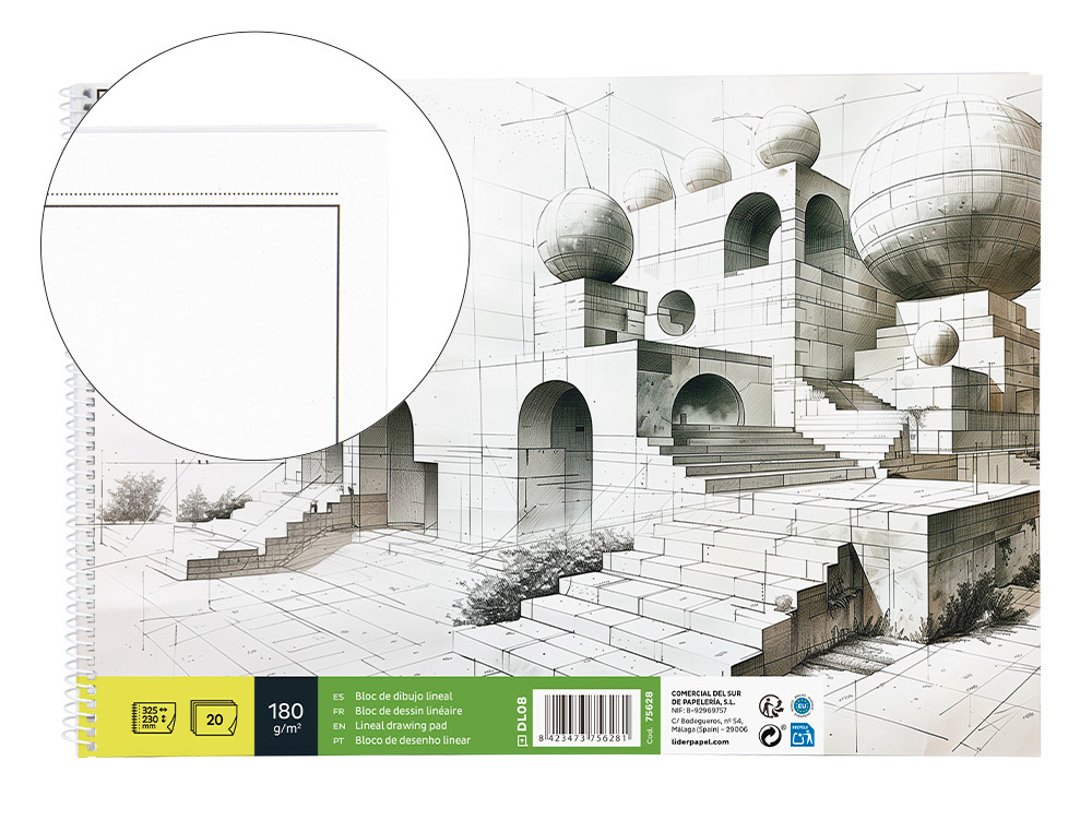 Bloc dibujo liderpapel lineal espiral 230x325mm 20 hojas 180 gr/m2 con recuadro perforado