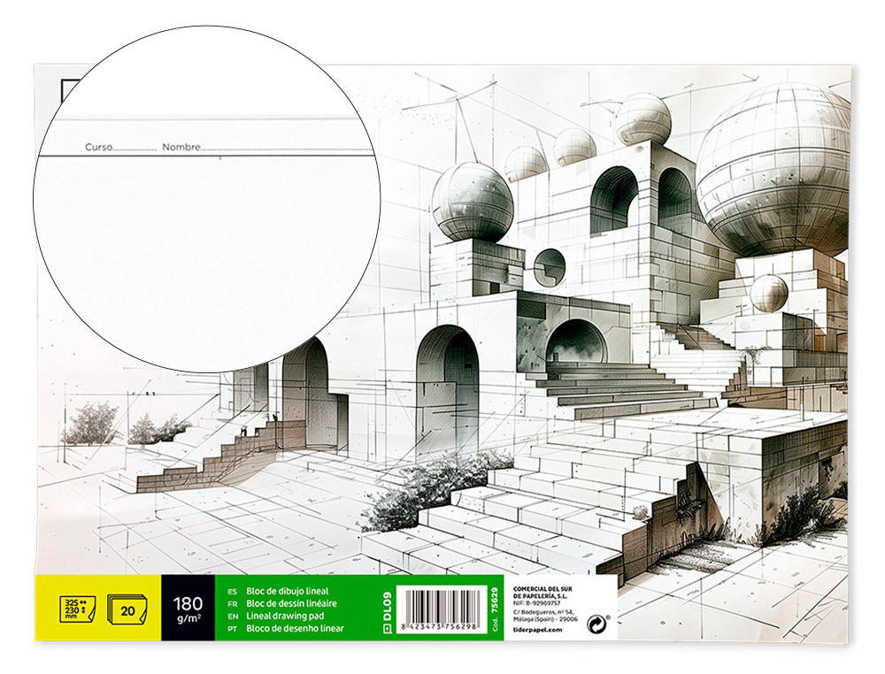 Bloc dibujo liderpapel lineal encolado 230x325mm 20 hojas 180 gr/m2 con recuadro