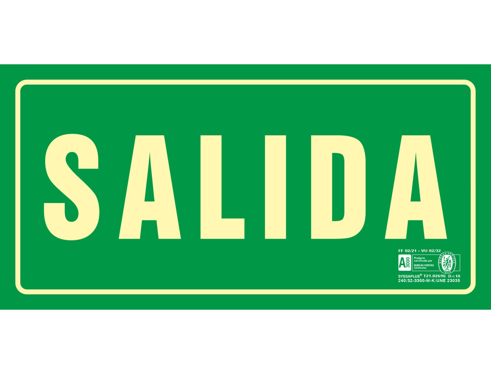 Pictograma syssa señal de salida en pvc fotoluminiscente 320x160 mm