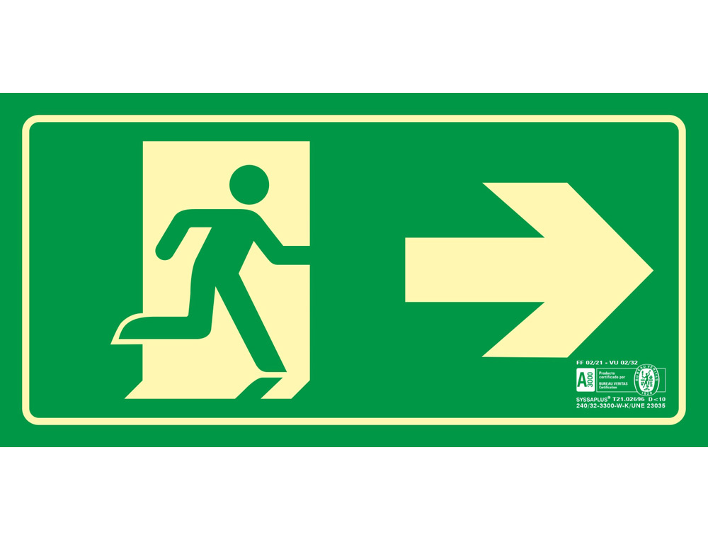 Pictograma syssa señal de salida emergencia flecha derecha en pvc fotoluminiscente 320x160 mm