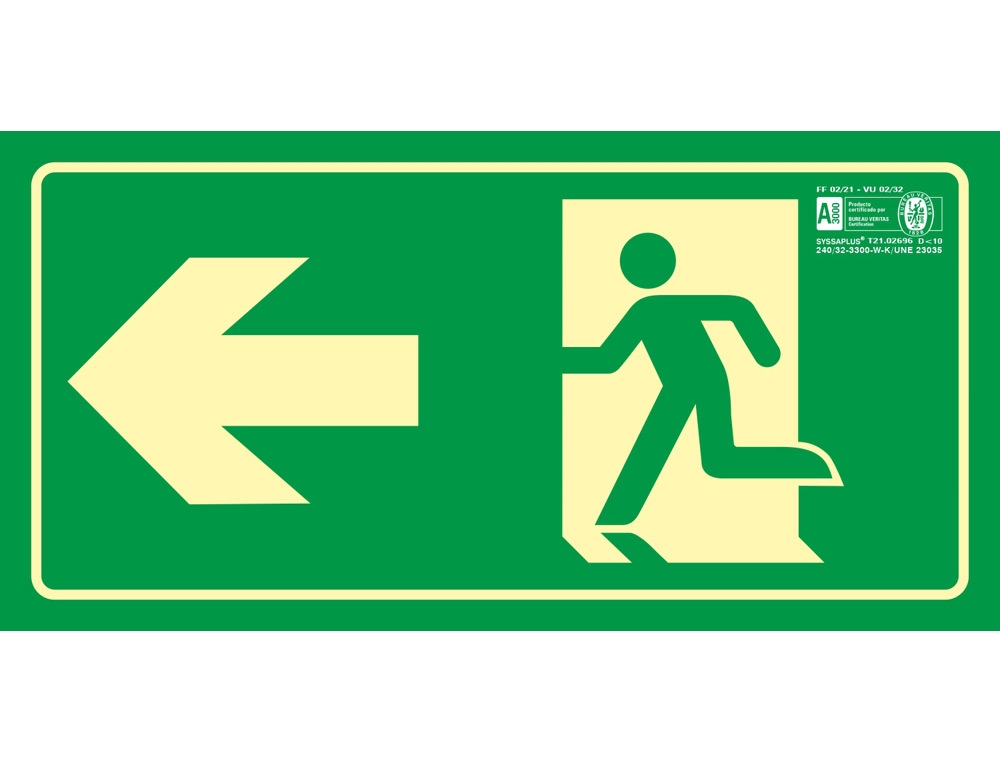 Pictograma syssa señal de salida emergencia flecha izquierda en pvc fotoluminiscente 320x160 mm