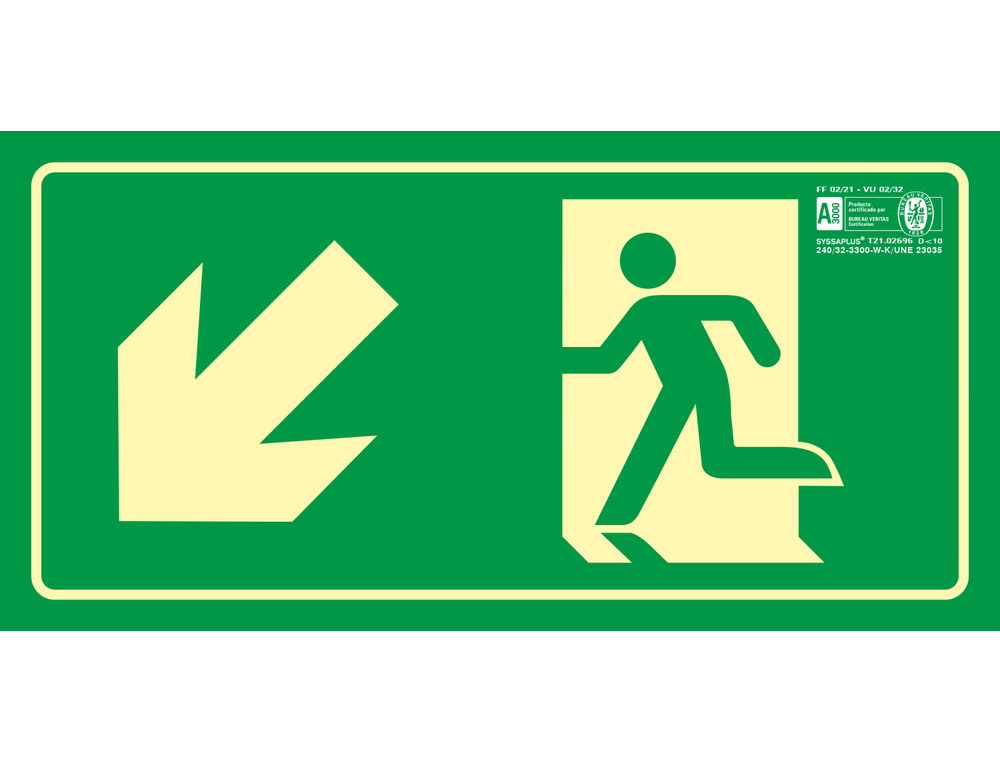 Pictograma syssa señal de salida emergencia izquierda escalera bajando en pvc fotoluminiscente 320x160 mm