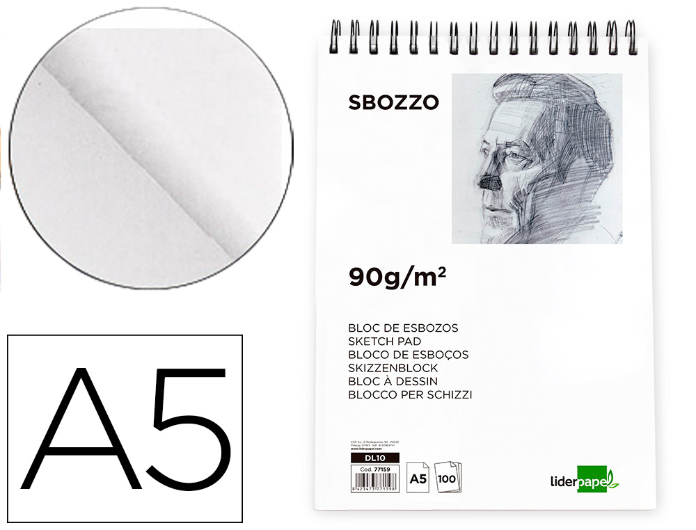 Bloc dibujo liderpapel esbozos espiral a5 148x210 mm 100 hojas 90gr/m2 sin recuadro