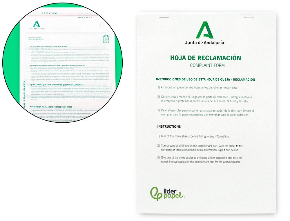 Libro liderpapel hojas de reclamaciones junta de andalucia din a4 25 juegos original + 2 copias