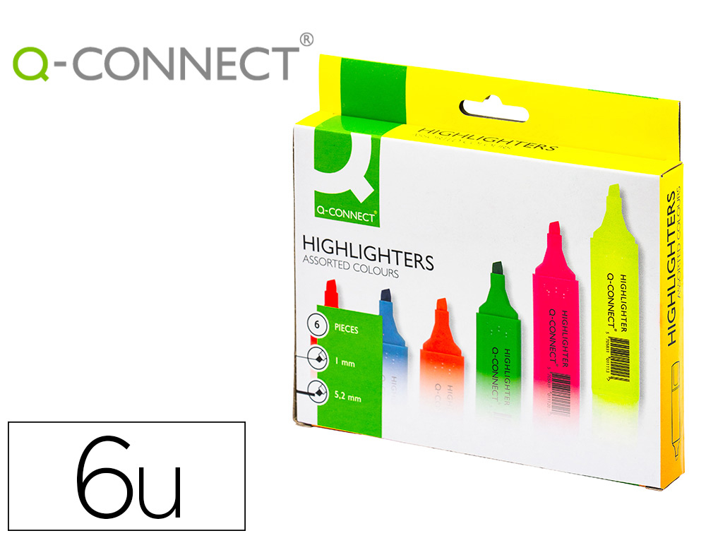 Rotulador q-connect fluorescente punta biselada caja de 6 unidades colores surtidos