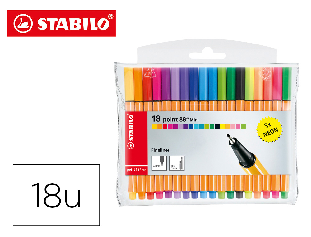 Rotulador stabilo punta de fibra point 88 mini estuche de 18 unidades colores surtidos