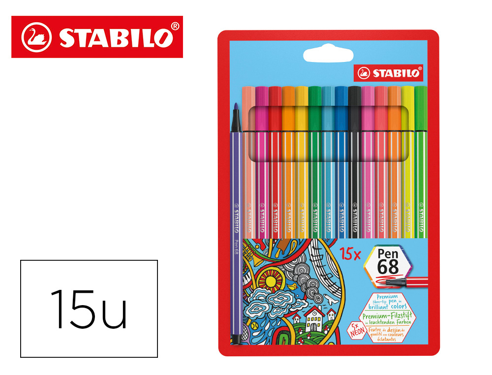 Rotulador stabilo acuarelable pen 68 estuche de 10 colores estandar + 5 colores neon