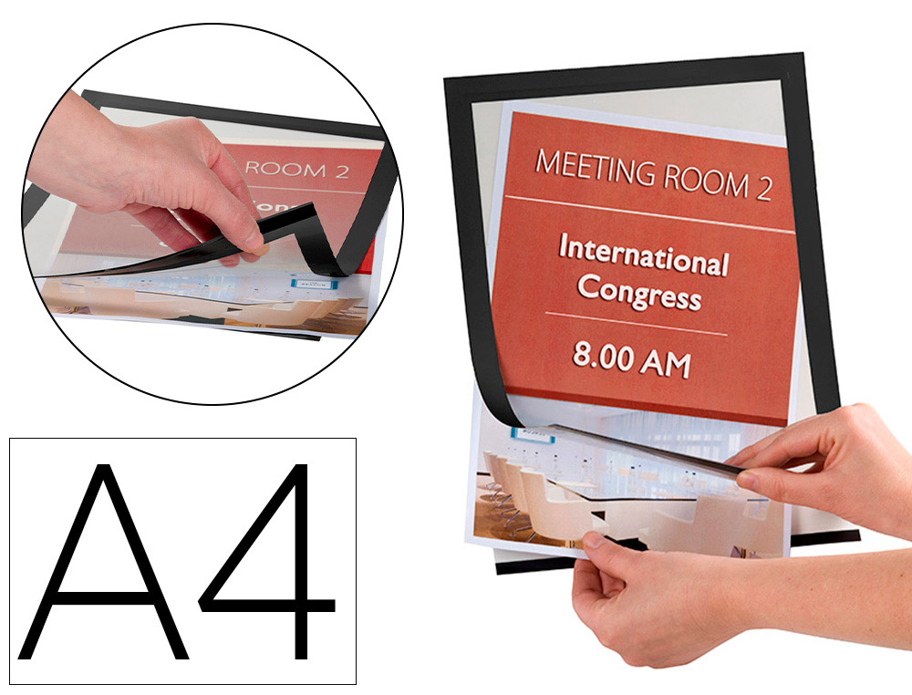 Marco porta anuncios q-connect magneto din a4 dorso adhesivo removible color negro pack de 2 unidades