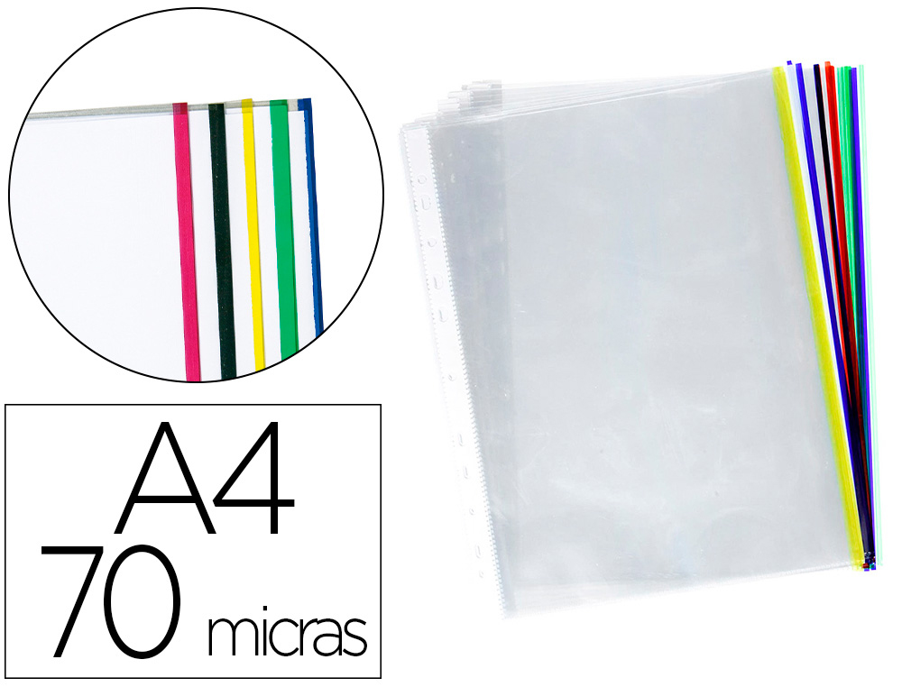Funda multitaladro q-connect din a4 70 mc cristal con borde colores surtidos bolsa de 25 unidades