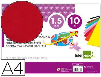 Goma eva liderpapel din a4 60g/m2 espesor 1,5mm rojo paquete de 10 hojas