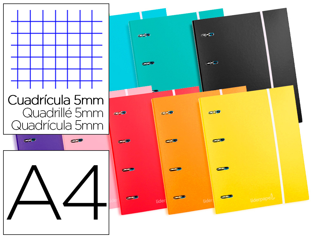 Carpeta con recambio liderpapel a4 cuadro 5 mm 120 hojas 80 g forrada 4 anillas 40 mm redondas