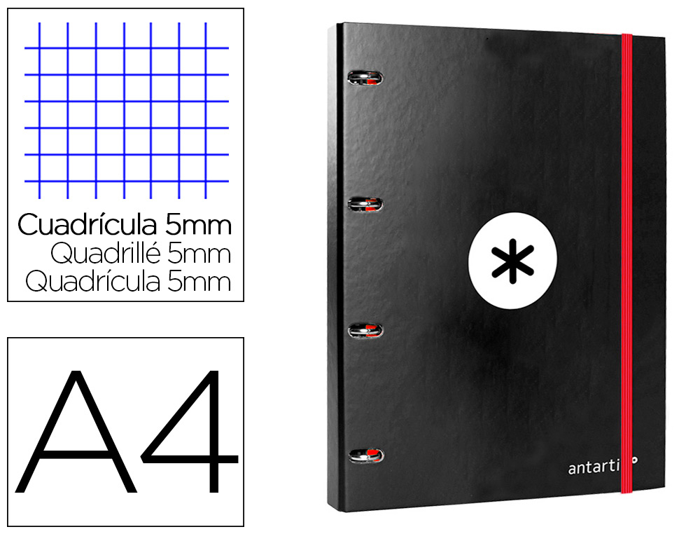 Carpeta con recambio antartik a4 cuadro 5mm forrada 4 anillas 25mm redondas color negro