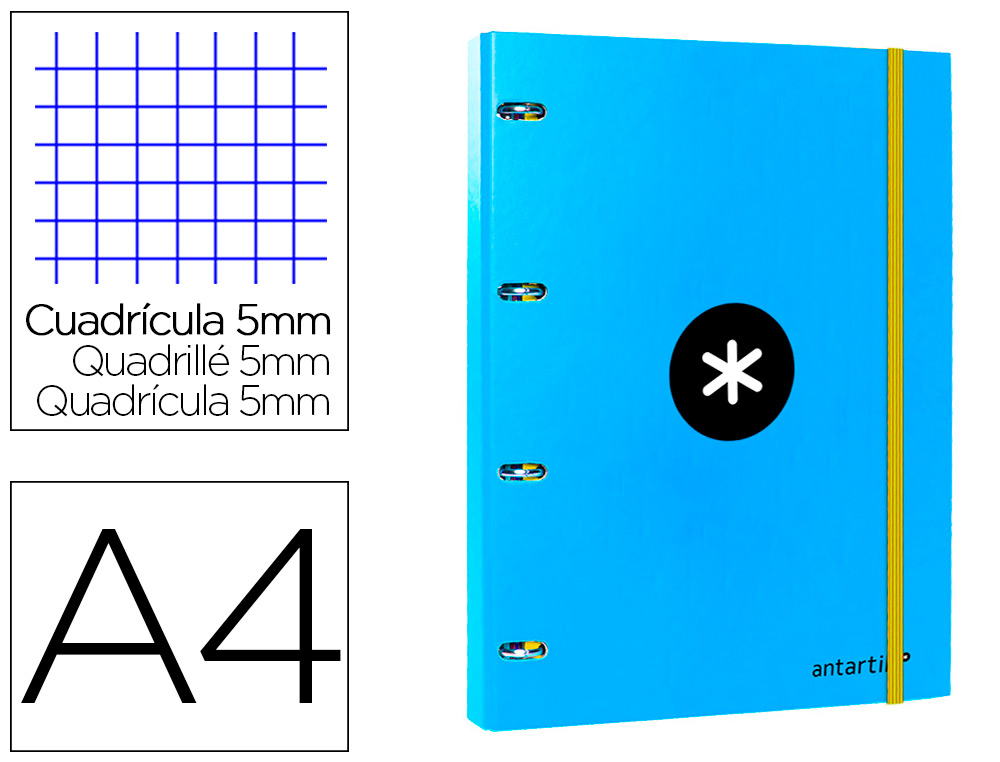 Carpeta con recambio antartik a4 cuadro 5mm forrada 4 anillas 25mm redondas color azul