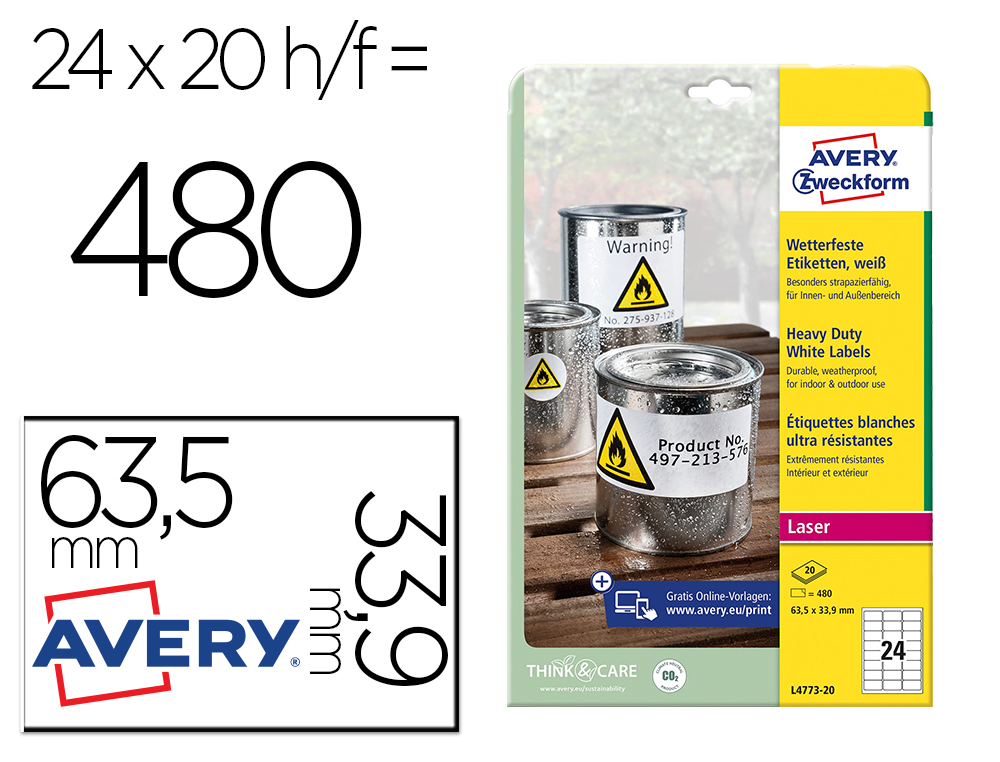 Etiqueta adhesiva resistente avery poliester blanco 3,9 mm 63,5x33,9 mm laser pack de 480unidades