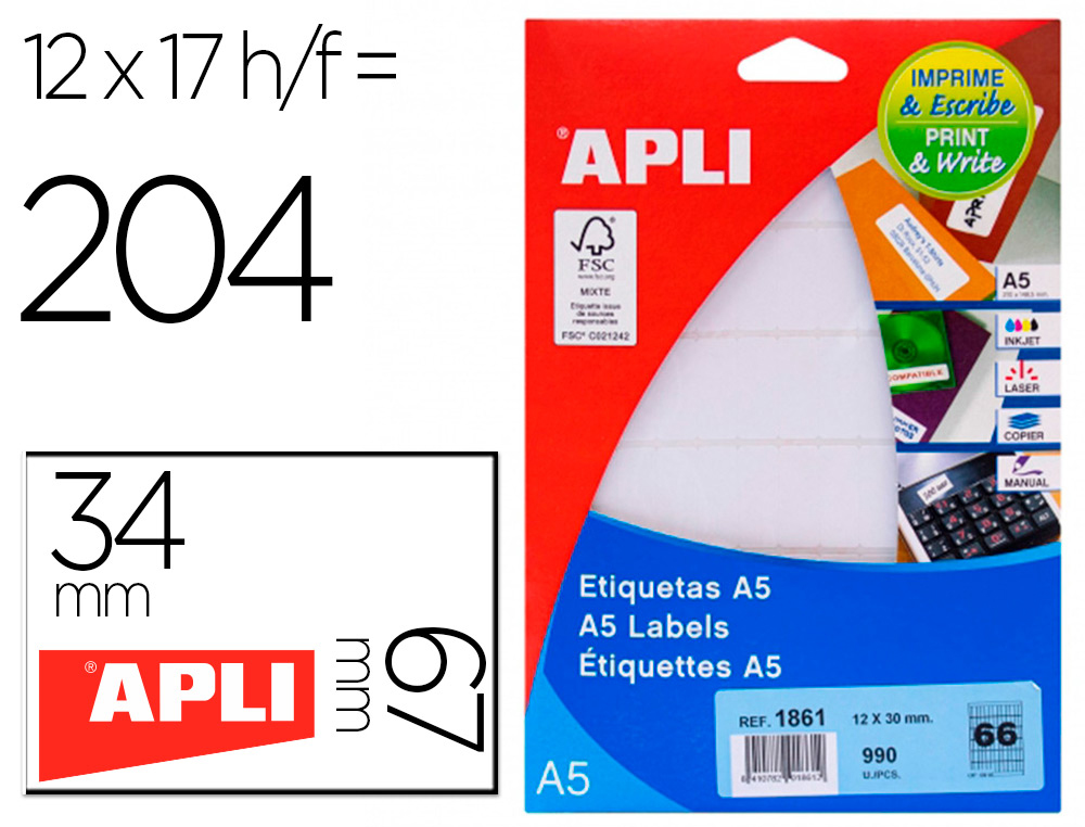 Etiqueta adhesiva apli blanca 12x30 mm sobre a5 de 990 unidades