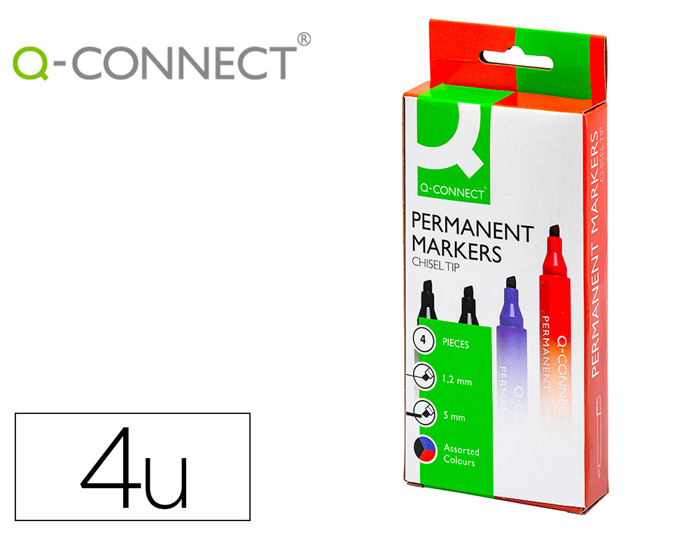 Rotulador q-connect marcador permanente estuche de 4 colores surtidos punta biselada 5 mm